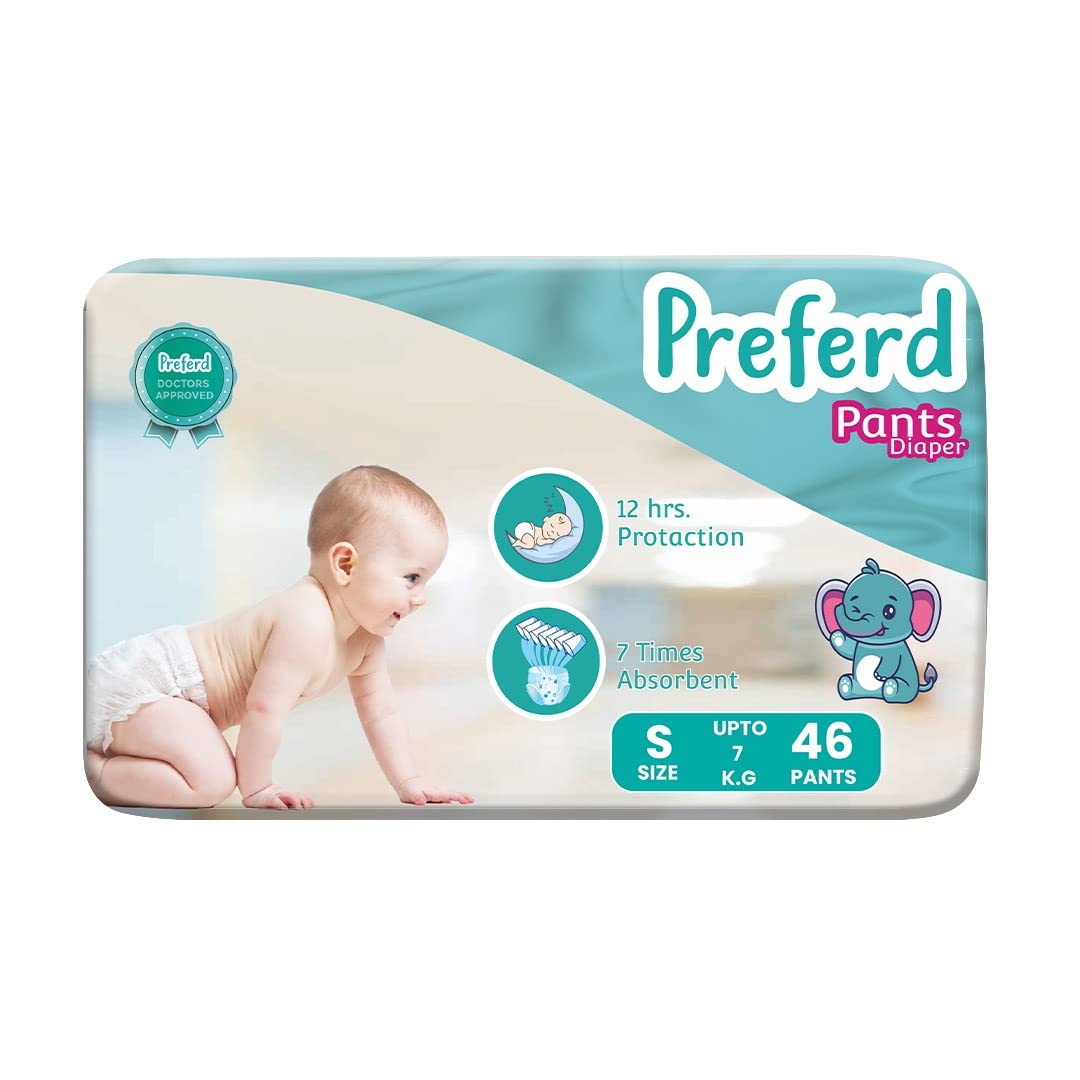 PreferdBaby Diapers Pants Extra Dry, Soft Elastic Waist Grip, Super Absorbent, Up to 12 Hrs. Protection (Pack of 1, 46 Counts) | Upto 7Kg | Size - Small (S) |