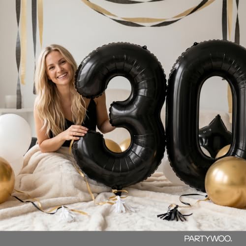 Image of PartyWoo Black Number 30 Balloon 40 Inch 25pcs Black Foil Star White Gold