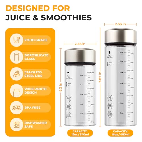 Sursip 12 oz Glass Juice Bottles – 4 Pack Wide Mouth Bottles with Stainless Steel Lids – Leakproof, BPA Free, Heat-Resistant Borosilicate Glass for Juicing, Smoothies, Milk, Protein, Beverage Storage - Image 4