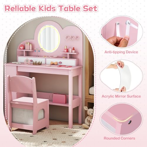 Image of HONEY JOY Kids Vanity with Lights and Open Bookshelf, Cloud Princess Makeup Dressing Desk, Drawers, Wooden Pretend Play Toddler Vanity Table & Chair Set with Lighted Mirror for Little Girls (Pink)
