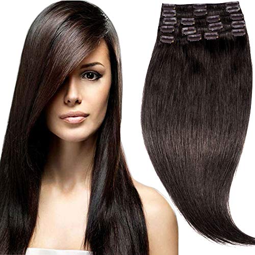16" 80g Clip in 100% Real Remy Human Hair Extensions Full Head Highlight (16 inch 80gram/2.85Oz #2 Dark Brown) 8 pcs Set Long Straight Natural Grade 10A Hair Pieces for Women