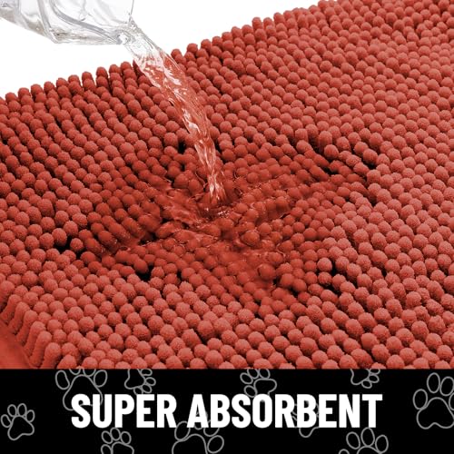 Image of Smiry Dog Door Mat for Muddy Paws, Absorbent Dirt Trapper Non Slip Quick Dry Washable Chenille Mat for Mud Dogs, Entry Rug for Indoor and Outdoor (48x30 Inches, Maple Red and Black)