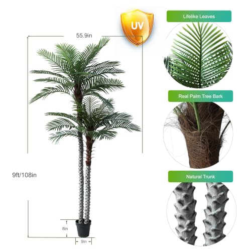 Image of Nafresh 9ft Tall UV Resistant Faux Palm Tree, 108in Artificial Palm Tree Indoor Outdoor, Fake Tree with Real Bark and Realistic Leaves and for Home House Office Living Room Bedroom Yard Patio.
