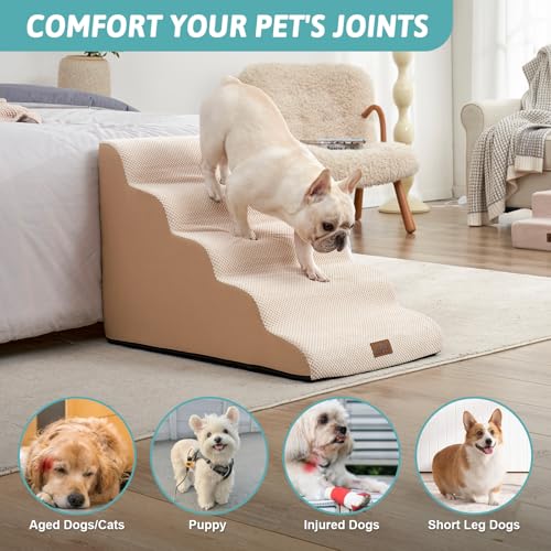 Extra Wide Dog Stairs 19.7" Width, Pet Step for Small Medium/Large Dog, Puppy or Cat, Pet Ramp for High Bed or Car, High Density Foam Ladder, Stable, 5 Step, 19.7x33x22.4 in, Beige - Image 4
