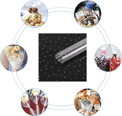 YSTrillion Cellophan Geschenkpapier Rolle,30M x 54CM Transparent Zellophanrolle Zellophan Rolle für Geschenkkörbe,Floristen,Snack,Blumenstrauß,Obst,Kunst,Party(Liebe + Pentagramm)