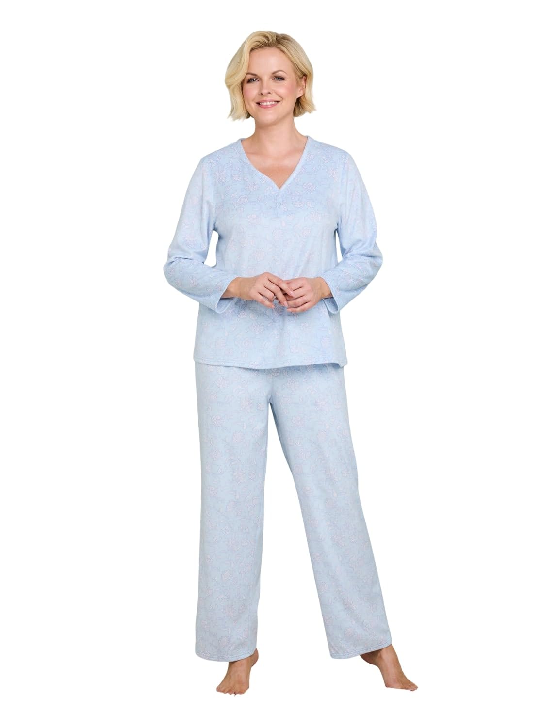 Chums Ladies Brushed Fleece Print Pyjama Set Supersoft Long Sleeve V-Neck Top & Elasticated Waist Bottoms Blue 8-10
