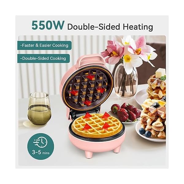 SNAILAR Mini Waffeleisen Belgische Waffel Maschine Kleines Waffeleisen Klassische, für Kindergeburtstage, Familienfeiern, Ostern oder Weihnachten, Niedlich kompaktes Design, 550 Watt, Rosa – Bild 3
