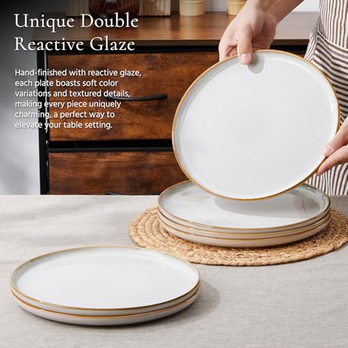 Image of E-far 10.5 inch Ceramic Dinner Plates Set of 6, Large Reactive Glaze Stoneware Dishes, Round Salad Plate for Home Kitchen Restaurant, Microwave & Dishwasher Safe - Seashell White