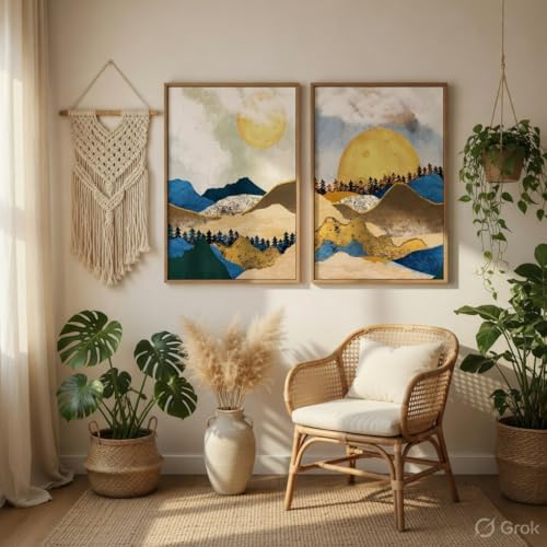 Image of Livin'luxe Abstract Mountain Landscape Wall Painting Set of 2 with Wooden Frames | Modern Sun Mountain Artwork HD Sparkle Laminated MDF Wall Decor | Nature Wall Art for Living Room