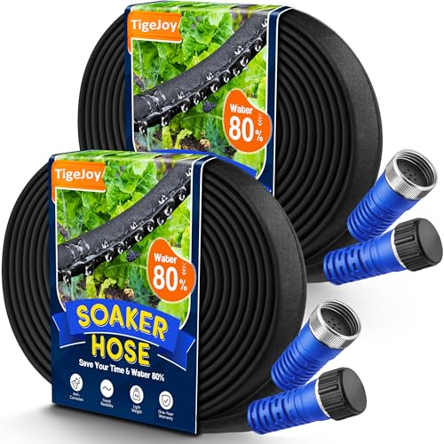 TigeJoy 100FT Flat Soaker Hose Heavy Duty Double Layer Garden Watering Hose Flexible Leakproof Drip Irrigation Hose for Raised Beds Lawns & Vegetables Save 80% Water