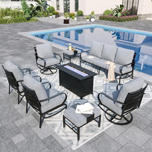 Sophia-William-Patio-Furniture-Sets-for-9-with-45-Gas-Fire-Pit-Table-Outdoor-Conversation-Sets-8-Pcs-2xSofa-Chairs-2xSwivel-Cushion-Chairs-1x3-Seat-Sofa-2xOttomans-for-Porch-Poolside-Grey Sophia William Patio Furniture Sets for 9 with 45 Gas Fire Pit Table Outdoor Conversation Sets 8 Pcs 2xSofa Chairs 2xSwivel Cushion Chairs 1×3 Seat Sofa 2xOttomans for Porch Poolside Grey