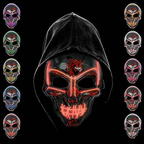 KiraKira Máscara LED Halloween, Halloween LED Máscaras Adultos LED Mask para la Fiesta de Disfraces, Máscara Disfraz Luminosa Craneo Esqueleto (Mask-Red)