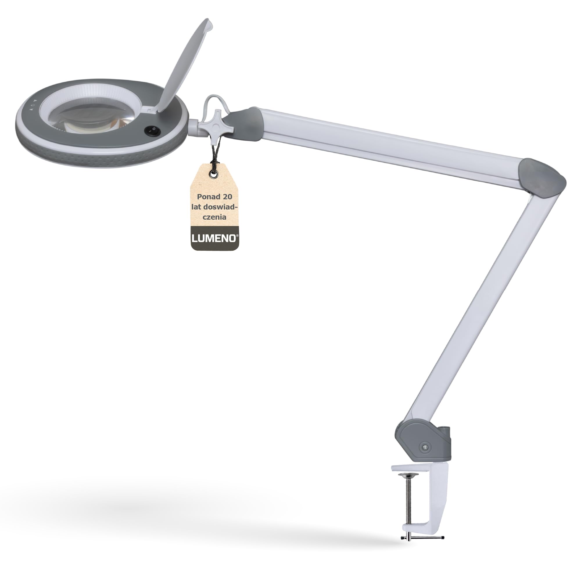 Lumeno 8213GR Lampa powiększająca LED Lampa do pracy Lampa kosmetyczna, regulowane poziomy jasności, krystalicznie czysta szklana soczewka 127 mm, pomoc w czytaniu/lupa, 3 dioptrie
