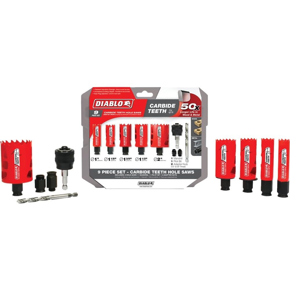 Diablo Hole Saw Set - 9 Piece Kit with Carbide Teeth, 2-3/8