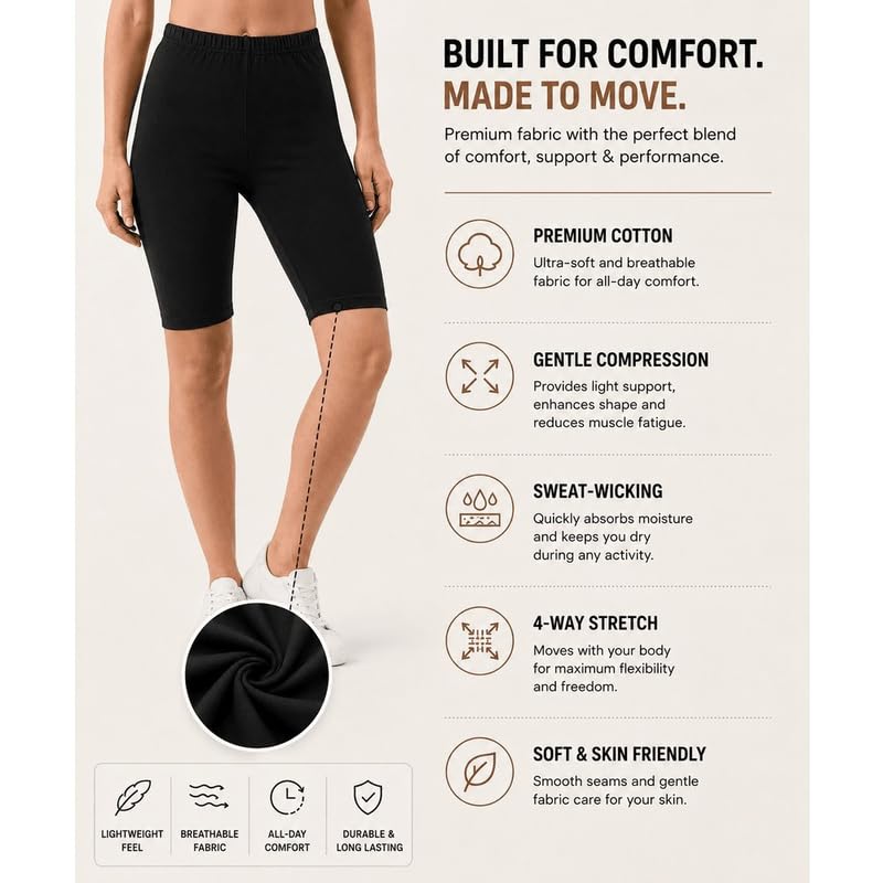 Image of Women's Cotton Lycra Cycling Shorts | 95% Cotton 5% Spandex | Stretchable Knee Length Tights for Gym, Yoga & Sports
