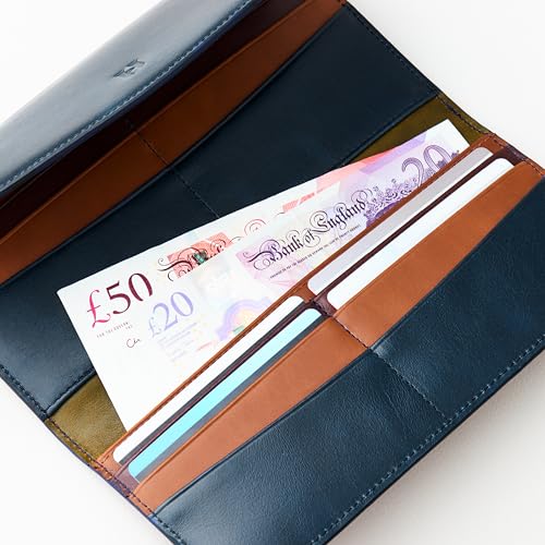 Handcrafted Full-Grain Leather Women’s Wallet, RFID Blocking, 12 Card Slots, 3 Compartments, Removable Zipper Coin Pouch, Gift Box & Pouch, Christmas & Birthday, Navy Blue-Tan3