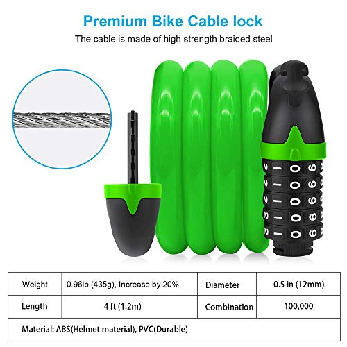 Vltawa Bike Lock With Mounting Bracket, 4 Ft Bike Lock Cable, 1/2 In Diameter High Security Bicycle Lock, 5 Digit Resettable Bike Locks With Combinations (Lightweight, 1.2Mx12Mm) (Green) #TOP3