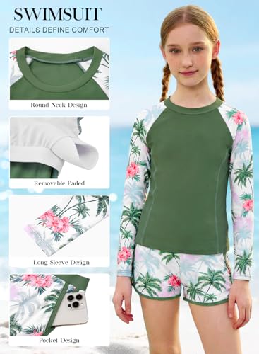 Image of Alakuoti Girls Rash Guard Swimsuit Two Piece Bathing Suit UPF 50+ Sun Protection Long Sleeve Swimwear 6-14 Years