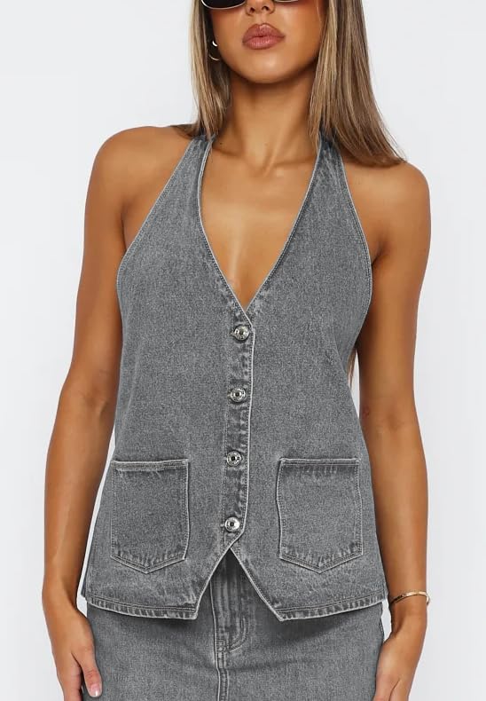 KMBANGI Women Fashion Denim Vest Halter V Neck Button Down Sleeveless Jean Tank Top Open Back Sexy Vests Trendy3