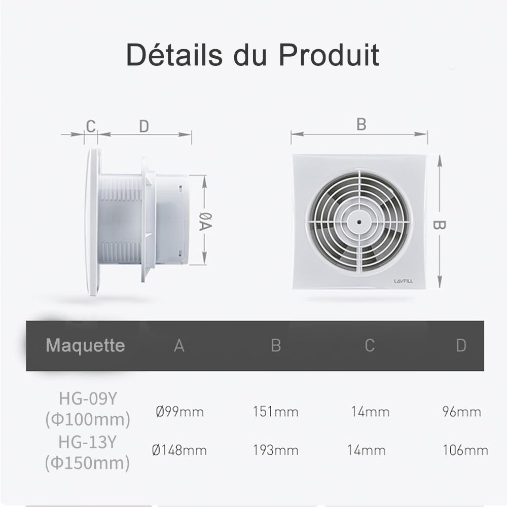 HUGOOME Ventilateur extracteur d'air 100 mm 12 W 130 m³/h avec clapet anti-retour, fenêtre et montage mural Ventilateur pour cuisine, salle de bains, serre, garage -4"