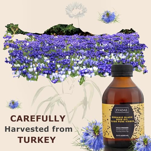 EYADAS Organic Black Seed Oil Liquid 8.4 Fl Oz, 100% Turkish Black Cumin Seed Oil, 3 Times Thymoquinone, Black Seed Oil Cold Pressed in Amber Glass Bottle, Nigella Sativa, Black Seeds, Cumin Seeds