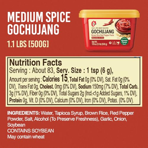 Image of Gochujang - Premium Korean Red Chili Paste [ Medium | 1.1 lb (500g) ] - 0 Fat / 0 Cholesterol / (40 Calories /Serving) | Spicy & Sweet Savory Fermented Sauce | Great for Bibimbap, Marinades, Stews & BBQ - O'food
