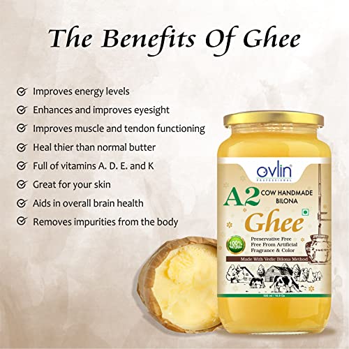 Image of Ovlin Professional Organic A2 Pure Ghee 100% Desi Gir Cow Vedic Bilona Method Grassfed Cultured Traditional Ghee Glass Bottle (500 Ml)