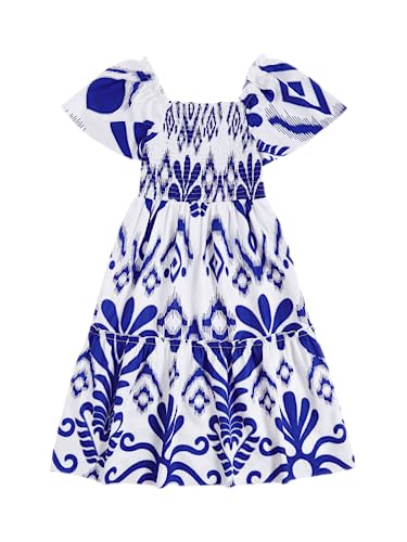 WDIRARA Girl's Floral Print Flounce Ruffle Hem Short Sleeve Square Neck Dresses A Line Summer Long Dress