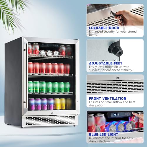 Image of Albott Beverage Refrigerator-24 In fridge with Glass Door, Adjustable Shelves and LED Touch Panel, Under Counter Design for Wine Beer, Built-In or Freestanding Use, 34-64℉