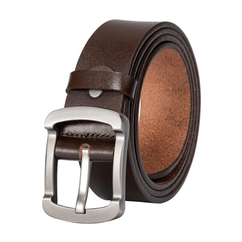 Genuine Leather Belt for Men, Classic Brown, Silver Buckle
