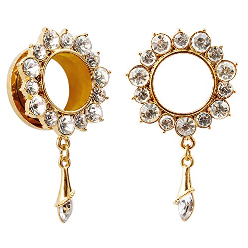 KUBOOZ Gemmed Flower Drop Eyelets Gold Plated Stainless Steel Flare Screw Back Ear Tunnels Plugs Gauges.