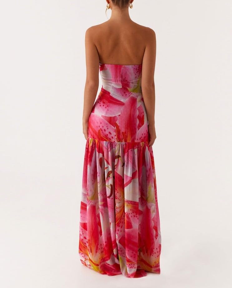 Image of Women Floral Strapless Maxi Dress Y2K Bodycon Tube Long Dresses Sexy Party Formal Cocktail Beach Slit Dress