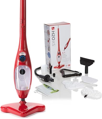 H2O X5+ Steam Mop & Handheld Steam Cleaner: Multifunctional and Versatile System for Floors, Carpets, Windows, Upholstery, Kitchens and Bathrooms (Red)