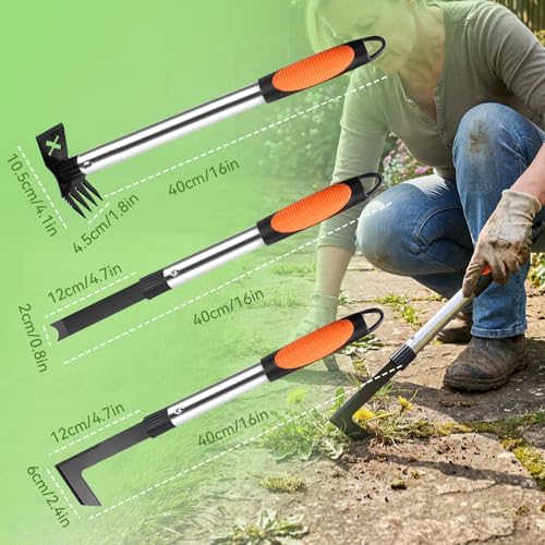 3 Pack Weed Remover Tool Manual Weeders Set, Hand Held Weed Puller Crack Weeder Tool Moss Scraper Combo with 16" Handle, Heavy Duty Weeding Tool for Block Paving Sidewalk Patio Garden Flower Bed — view 2