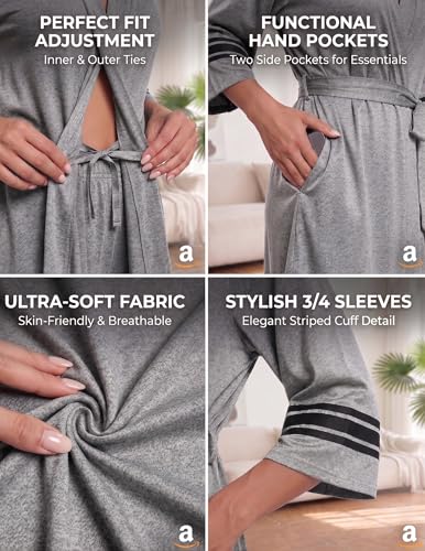 Image of Ekouaer Womens Robe Lightweight 3 /4 Sleeve Soft Knit Bathrobe Sleepwear