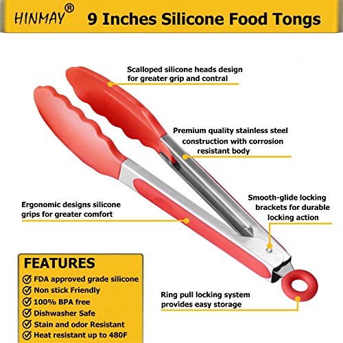HINMAY Kitchen Silicone Tongs 9 Inch Stainless Steel Serving Food Tongs, Set of 3 (Red Blue Green) - Image 3