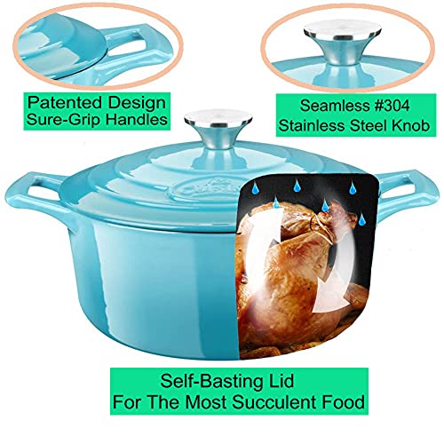 Image of La Cuisine Enameled Cast Iron Dutch Oven Casserole Dish Pot with Lid, 3.7 QT 9.5 Inches Dia. Matte Black Enamel Interior, Teal Porcelain Enamel Exterior Oven-Safe