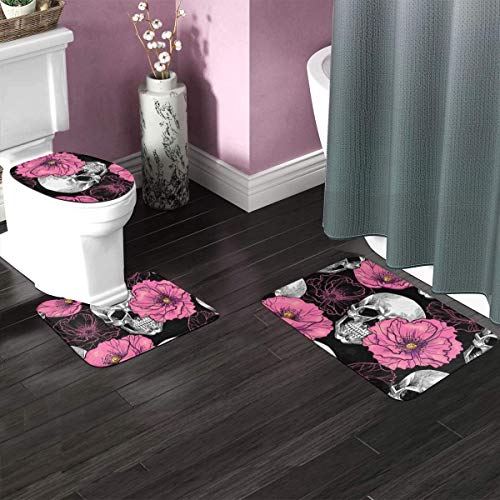 RedBeans Rutschfeste Badvorleger-Set, 3-teilig, Flanell, mit Totenkopf-Motiv, rosa Blume, Badezimmer-Set, inklusive… – Bild 3