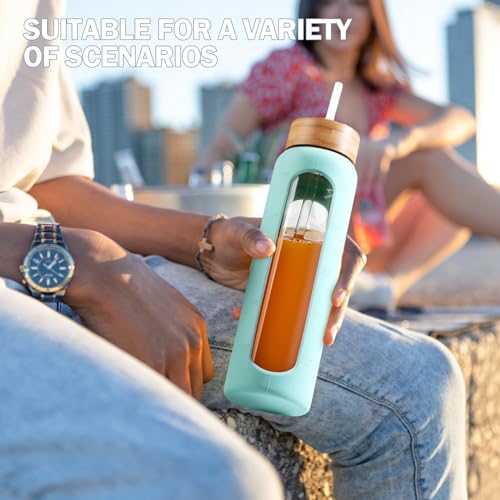 Image of 32oz Glass Water Bottle with Straw and 2 Lids, Mint Green | Bamboo and Spout Lid, Non-slip Silicone Sleeve, with Motivational Time Marker, Reusable for Gym, Sports, Outdoors