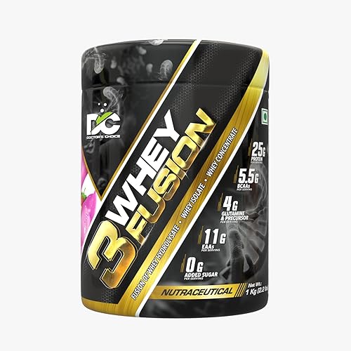 Image of DC DOCTORS CHOICE Whey Protein 3Whey Fusion 1Kg l Pure Whey Isolate as primary source l Hydrolysate Protein, Lab Tested, 25g protein, 5.5G BCAA,11G EAA,0 sugar - Strawberry Banana Milkshake