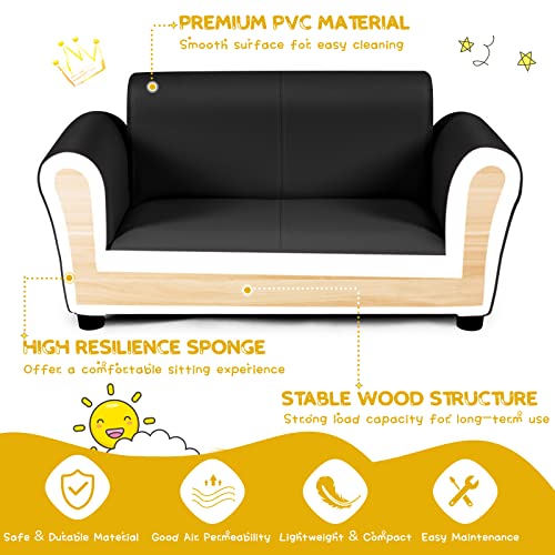 HONEY-JOY-Kids-Sofa-2-Seat-Toddler-Couch-Lounge-Bed-with-Ottoman-Sturdy-Wood-Construction-Children-PU-Leather-Upholstered-Loveseat-Armrest-Chair-for-Bedroom-Living-Room-Double-Seat-wStool-Black HONEY JOY Kids Sofa 2 Seat Toddler Couch Lounge Bed with Ottoman Sturdy Wood Construction Children PU Leather Upholstered Loveseat Armrest Chair for Bedroom Living Room Double Seat wStool Black