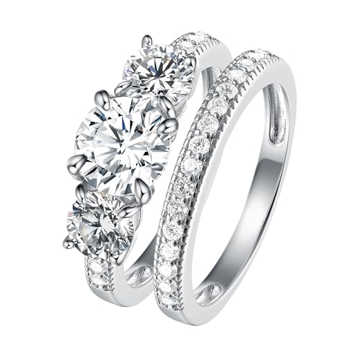 3 Ct Round 3 Stone CZ Wedding Ring Set for Women, 925 Sterling Silver, Cubic Zirconia Rings, Engagement Sets, Bridal Sets for Women, Hidden Gems Jewelry - Size 5-10