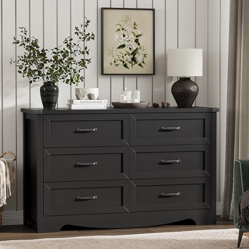 Image of Dresser for Bedroom with 6 Drawers, 48 inch Wide Wood Chest of Drawers with Deep Drawers & Mental Handle, Modern Dresser TV Stand, Wooden Closet Storage Organizer for Living Room, Hallway, Entryway, Black