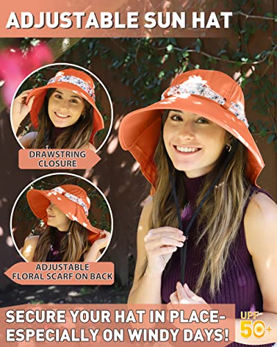 Womens Sun Hat Wide Brim Flap Cap With Floral Ribbon For Beach Gardening Hiking Fishing Safari Upf 50+ Orange #TOP1