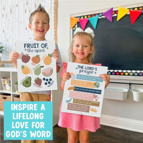Image of Hadley Designs Sunday School Decorations for Classroom -9 Bible Posters for Kids, Books of the Bible, 10 Commandments, Bible Timeline Chart, Fruits of the Spirit, Boho Christian Classroom Decor