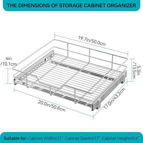 Image of Pull Out Cabinet Organizer 20 inch W X 17 inch D, Slide Out Drawers For Kitchen Cabinets, Pull Out Drawers For Cabinets Capacity Heavy Duty Caddy, Cabinet Pull Out Shelves Chrome-Plated, Bathroom Pantry