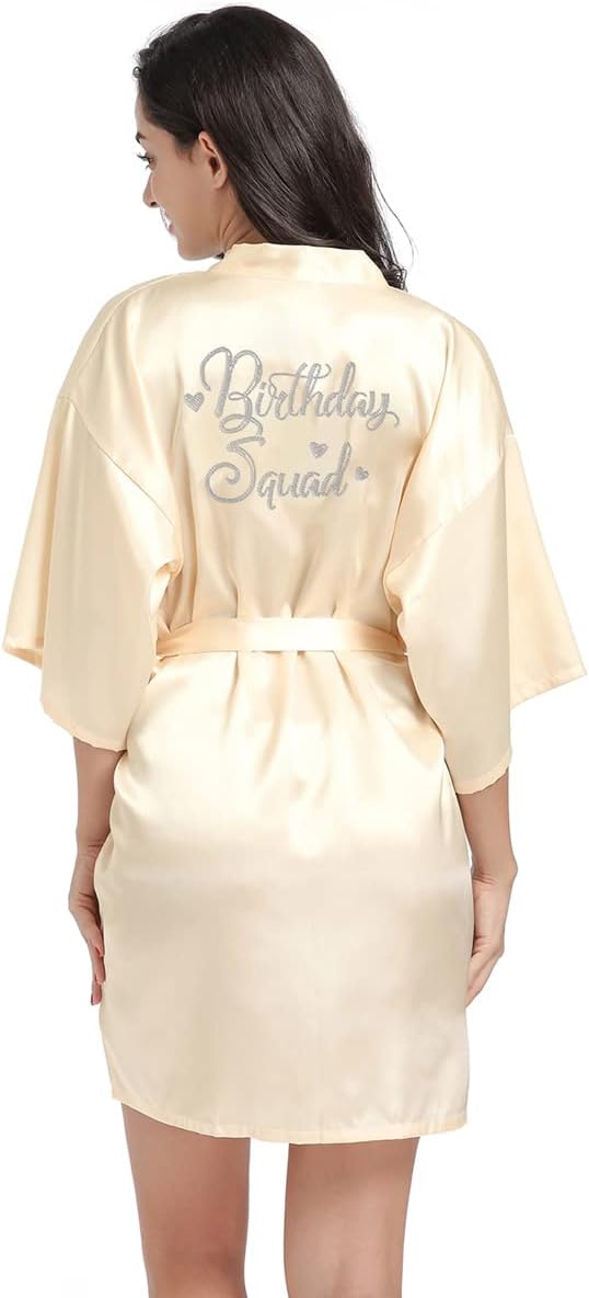 Women's Birthday Queen Squad Kimono Party Robe Short Silky Nightgown Sleepwear Gift