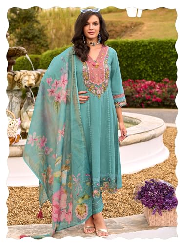 Image of INDO ERA Women's Anarkali Pure Cotton Floral Printed Embroidered Kurta & Pant with Dupatta Set (IEOUT10688)