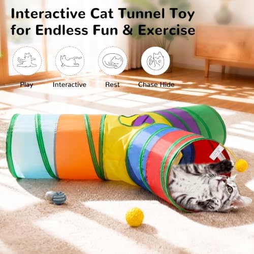 Image of Tempcore Cat Tunnel, 3-Way Collapsible Toy, Large Size Rainbow | Large Size 3-Way Cat Tunnel Provides More Room for Cats to Run, Hide and Chase, with Peek Holes, Hanging Ball and Teaser Wand