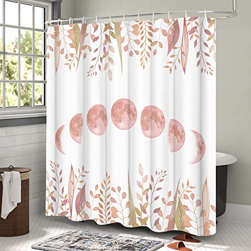 Rnnjoile Moon Phase Shower Curtain Fabric Lunar Cycles Space With Leaves Plants Bathroom Curtain Blush Curtain For Bathroom Decor With Hooks 72"X72"Inches White #TOP2